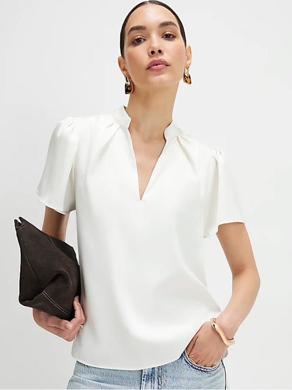 River Island Ivory Split-Neck Short Sleeve Blouse